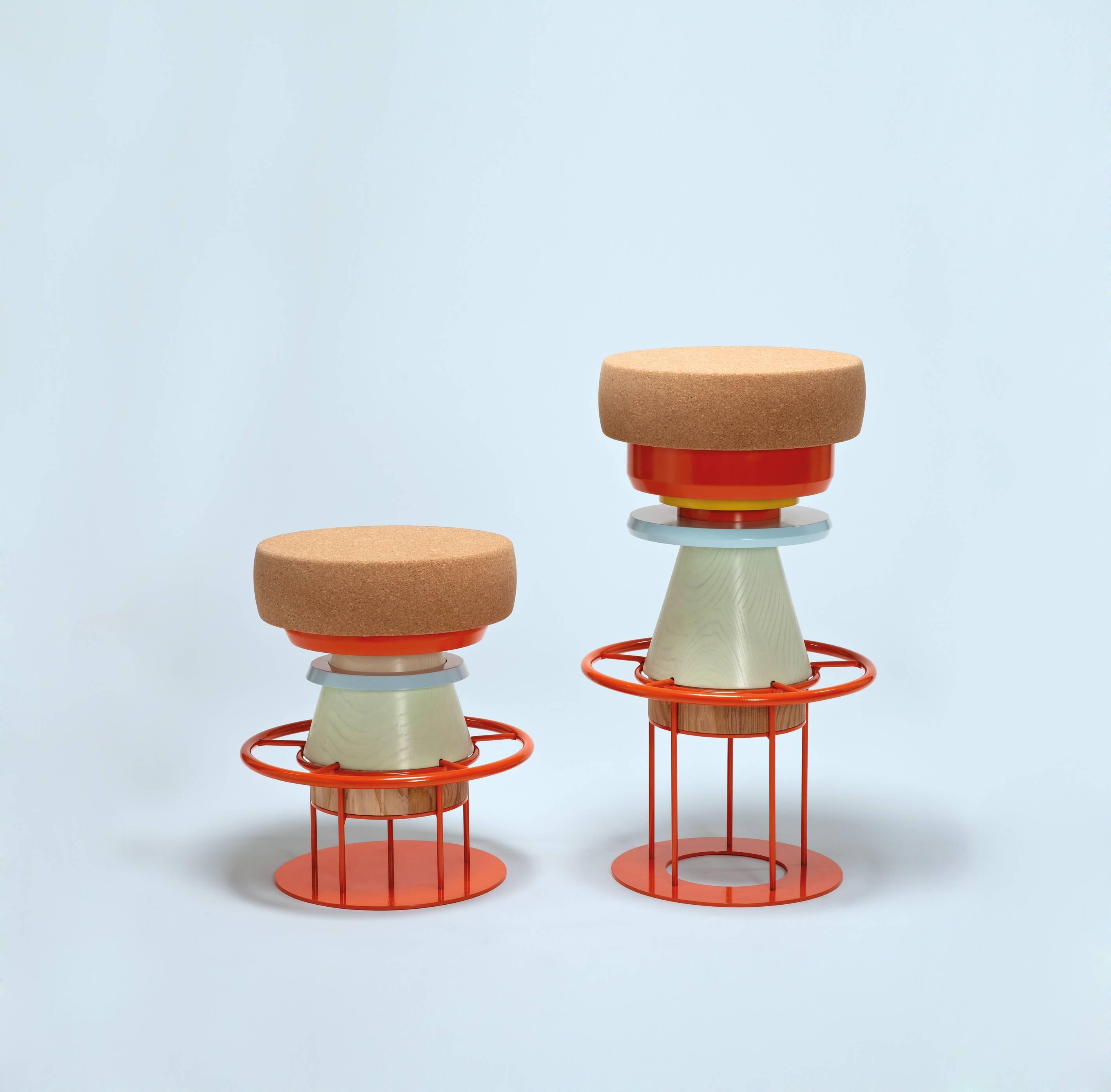 Colorful tembo stool - Note Design Studio

Measures: Height 19 inches (low stool) or 30.3 inches (high stool)
Diameter 14 inches
Weight: 30.8 lbs (low stool) or 37.5 lbs (high stool)

Materials and construction: Lacquered steel structure,