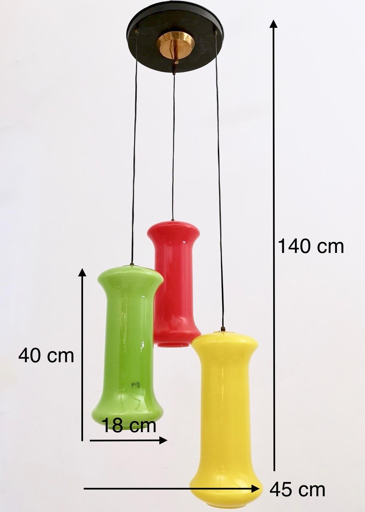 Red, Yellow and Green Three-Light Cased Glass Chandelier by Vistosi, Italy For Sale 9
