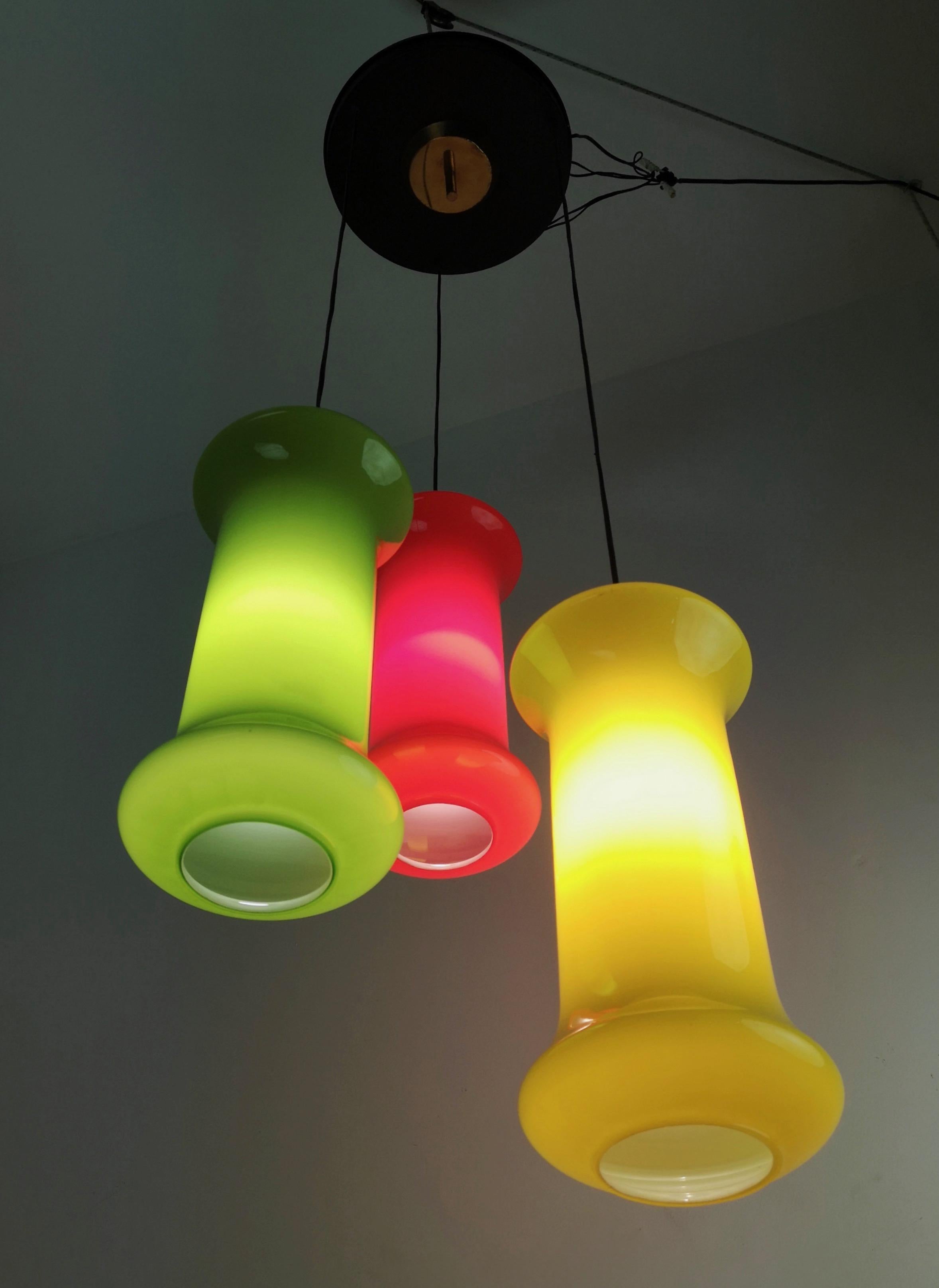 Red, Yellow and Green Three-Light Cased Glass Chandelier by Vistosi, Italy For Sale 1