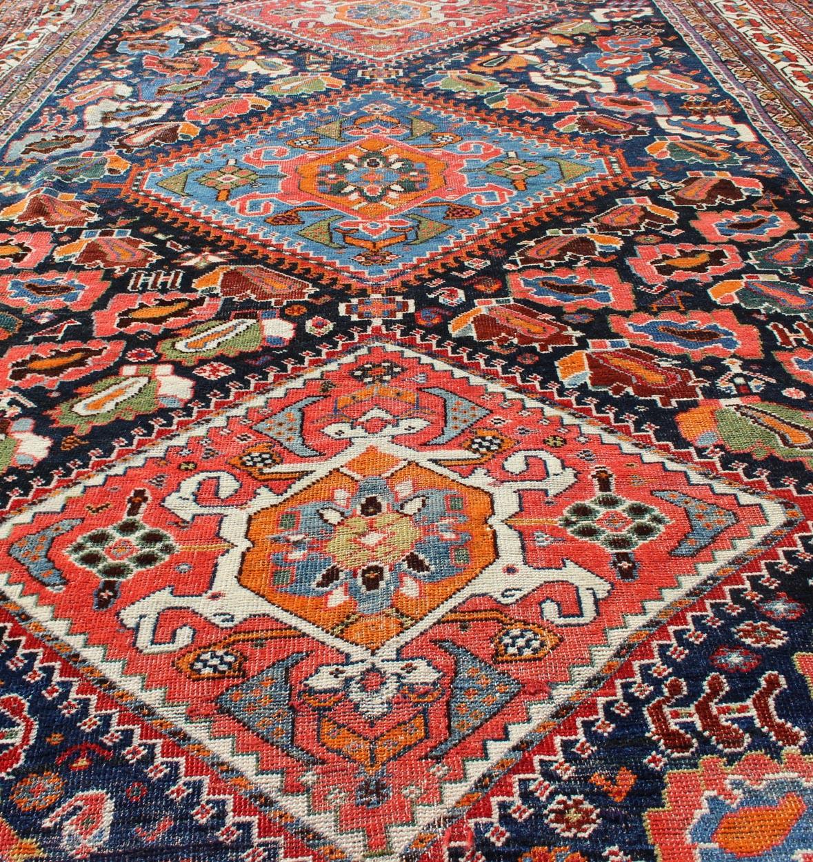 Colorful Tri-Medallion Antique Persian Qashqai Rug with Detailed Tribal Design For Sale 2