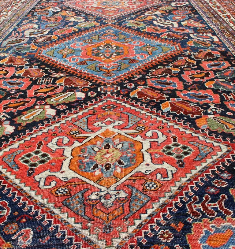 Colorful TriMedallion Antique Persian Qashqai Rug with Detailed Tribal