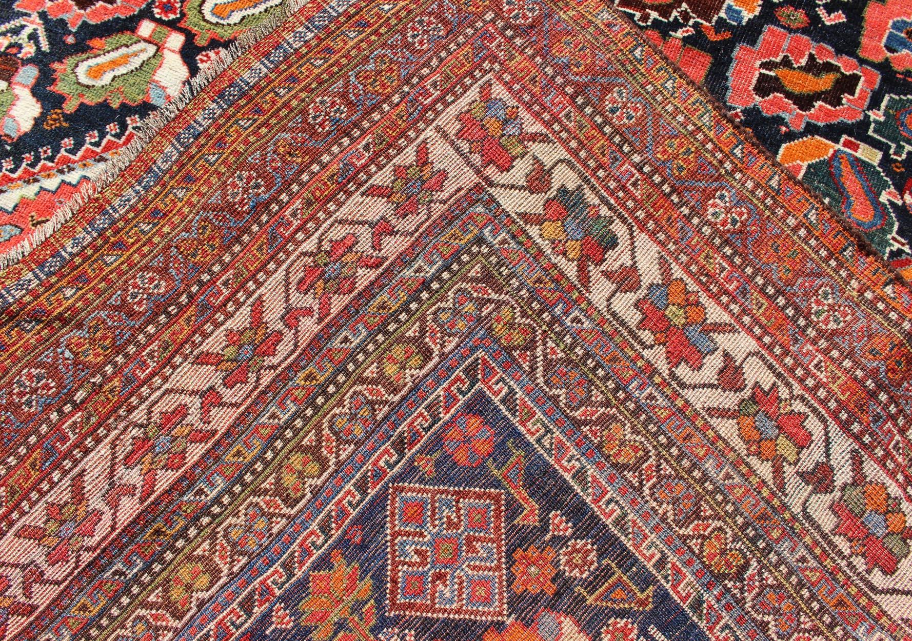 Colorful Tri-Medallion Antique Persian Qashqai Rug with Detailed Tribal Design For Sale 3