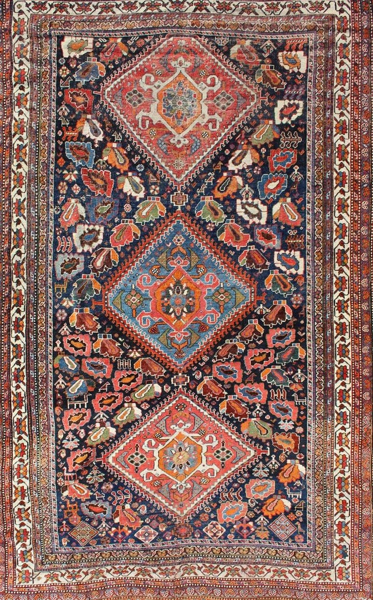 Colorful TriMedallion Antique Persian Qashqai Rug with Detailed Tribal