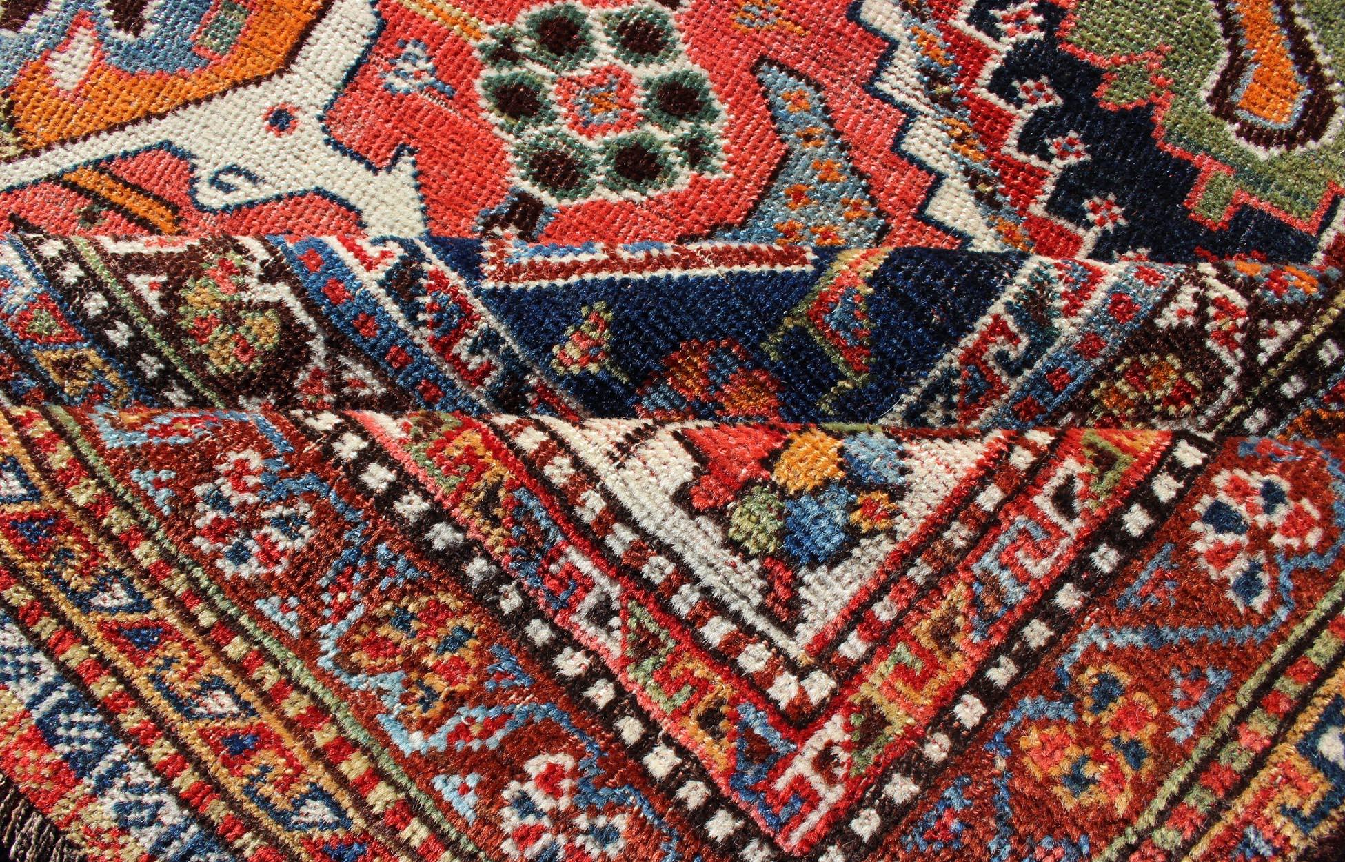 Hand-Knotted Colorful Tri-Medallion Antique Persian Qashqai Rug with Detailed Tribal Design For Sale