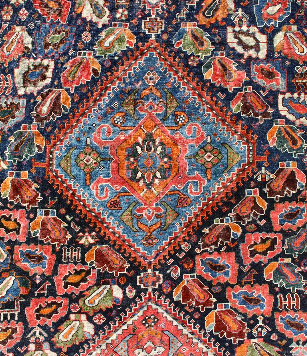 Colorful Tri-Medallion Antique Persian Qashqai Rug with Detailed Tribal Design In Good Condition For Sale In Atlanta, GA