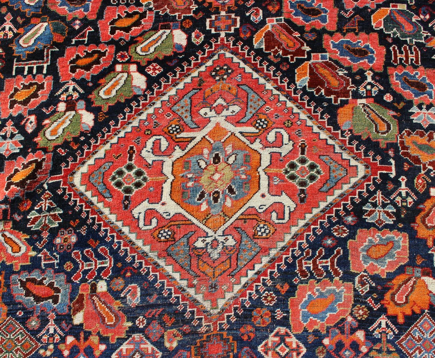 Wool Colorful Tri-Medallion Antique Persian Qashqai Rug with Detailed Tribal Design For Sale