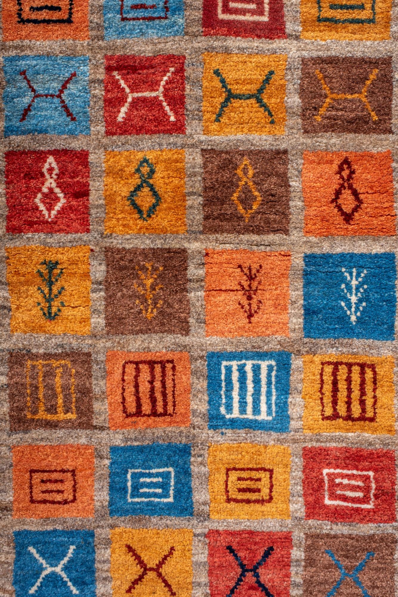 Hand-Knotted Colorful Tribal Gabbeh Runner with Iconic Motifs For Sale