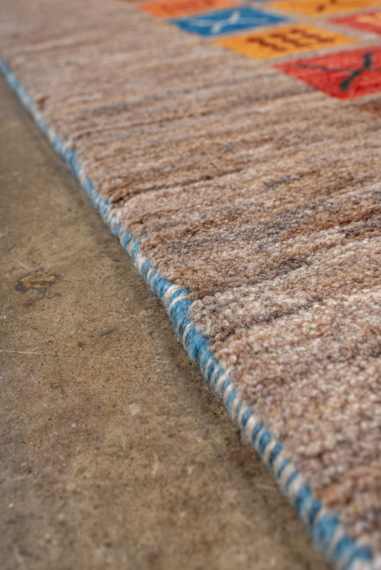 Wool Colorful Tribal Gabbeh Runner with Iconic Motifs For Sale