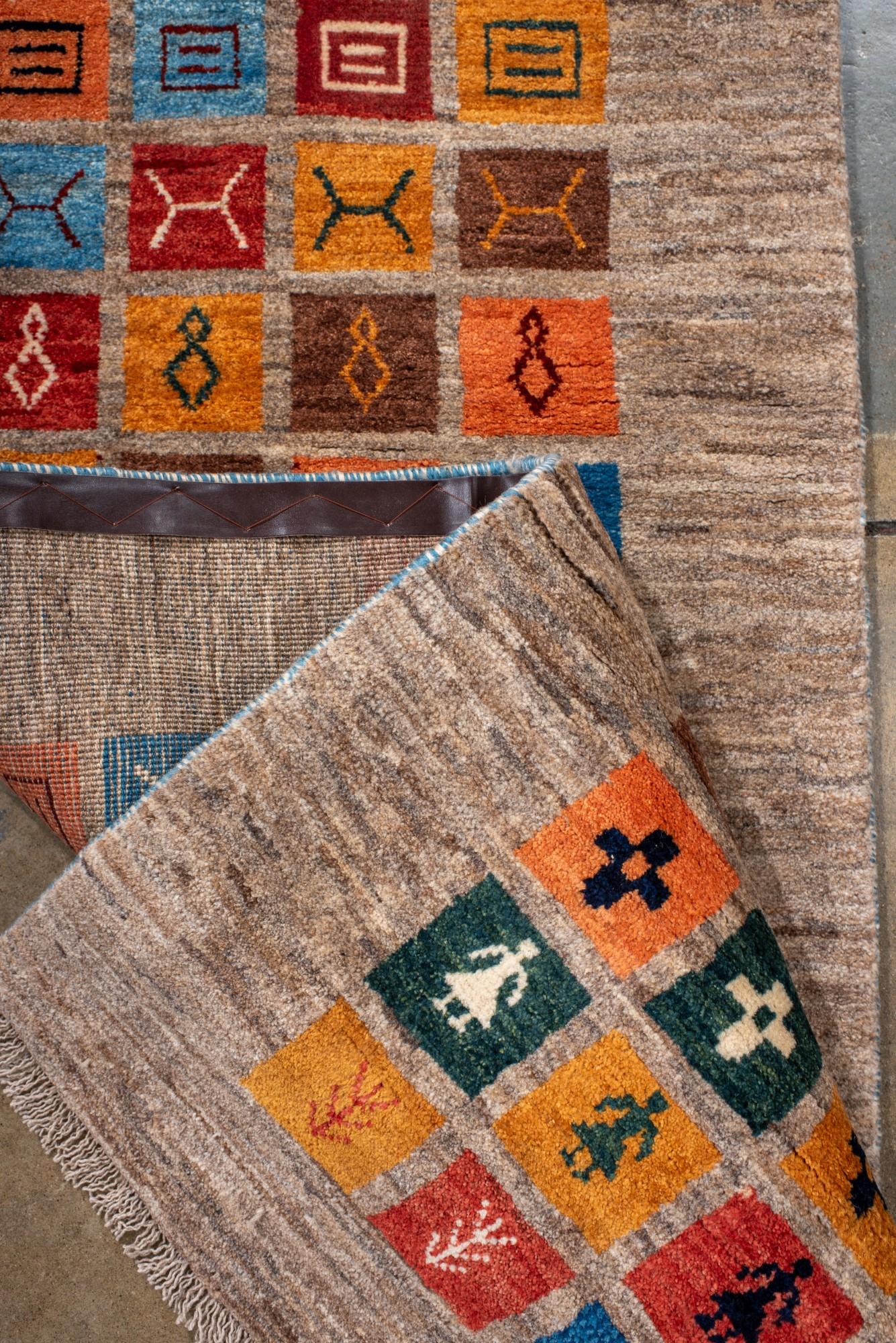 Colorful Tribal Gabbeh Runner with Iconic Motifs For Sale 1