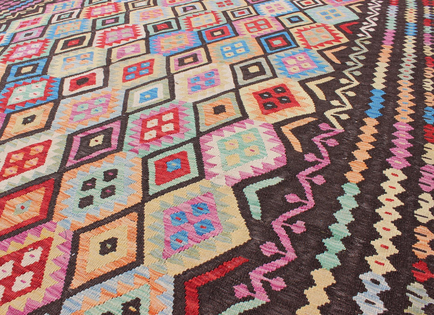 Colorful Tribal Kilim Flat Weave Rug with Chocolate Brown & Bright Multi Colors In New Condition For Sale In Atlanta, GA