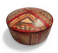 Colorful Tuareg Leather Covered Round Trinket Box, Bright Red Interior