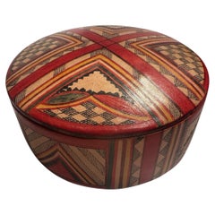 Colorful Tuareg Leather Covered Round Trinket Box, Bright Red Interior