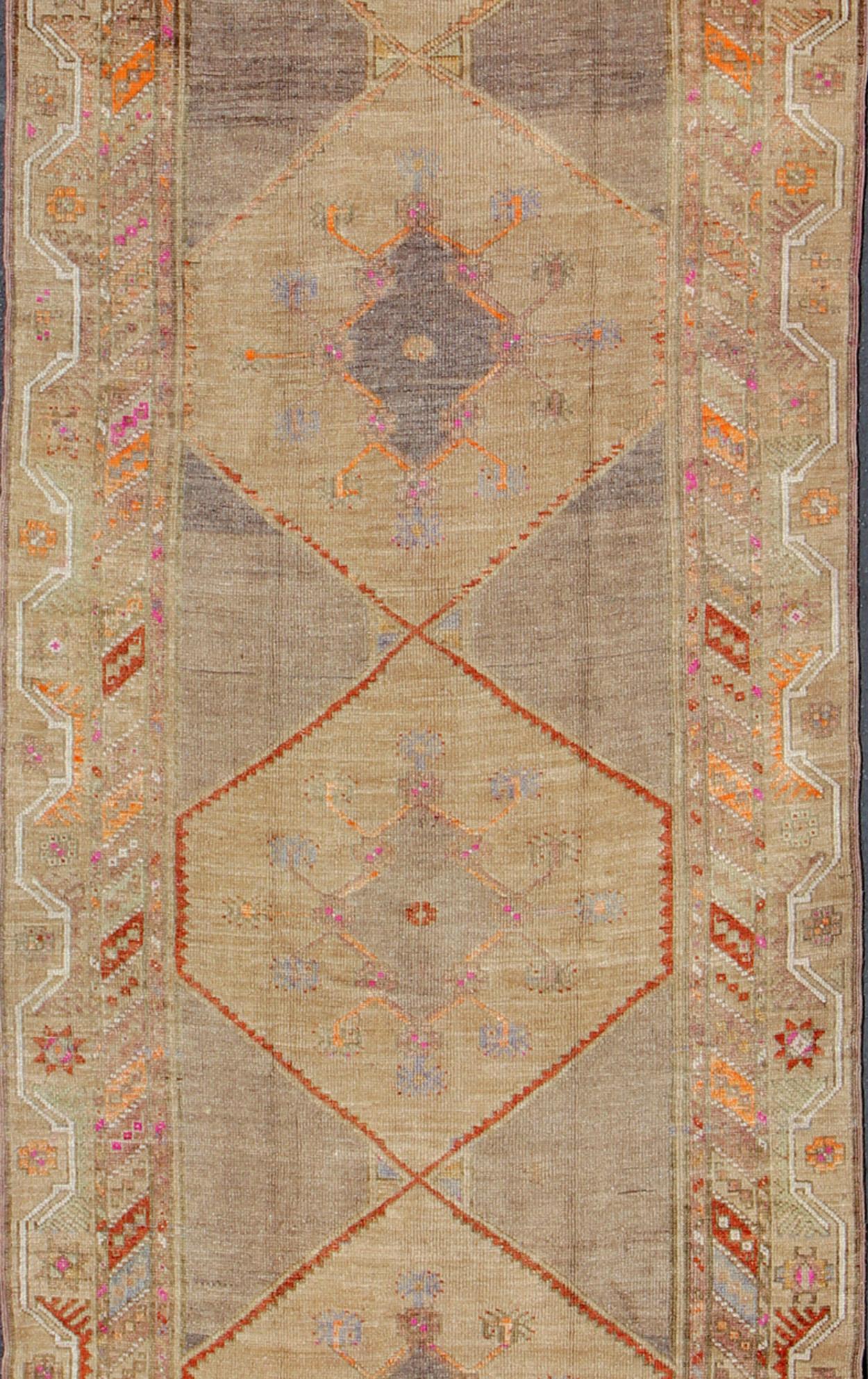 Oushak Colorful Turkish Gallery Runner with Multi-Medallion Design & Unique Colors For Sale