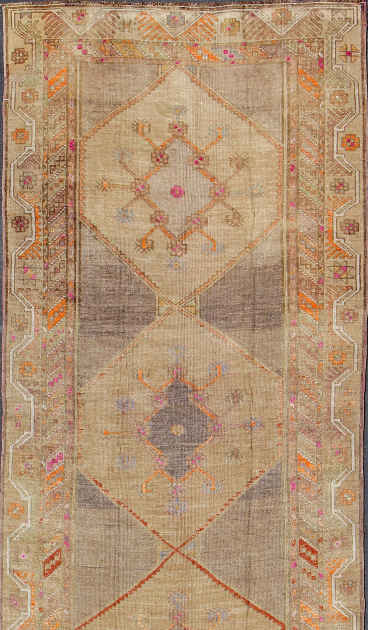 Hand-Knotted Colorful Turkish Gallery Runner with Multi-Medallion Design & Unique Colors For Sale