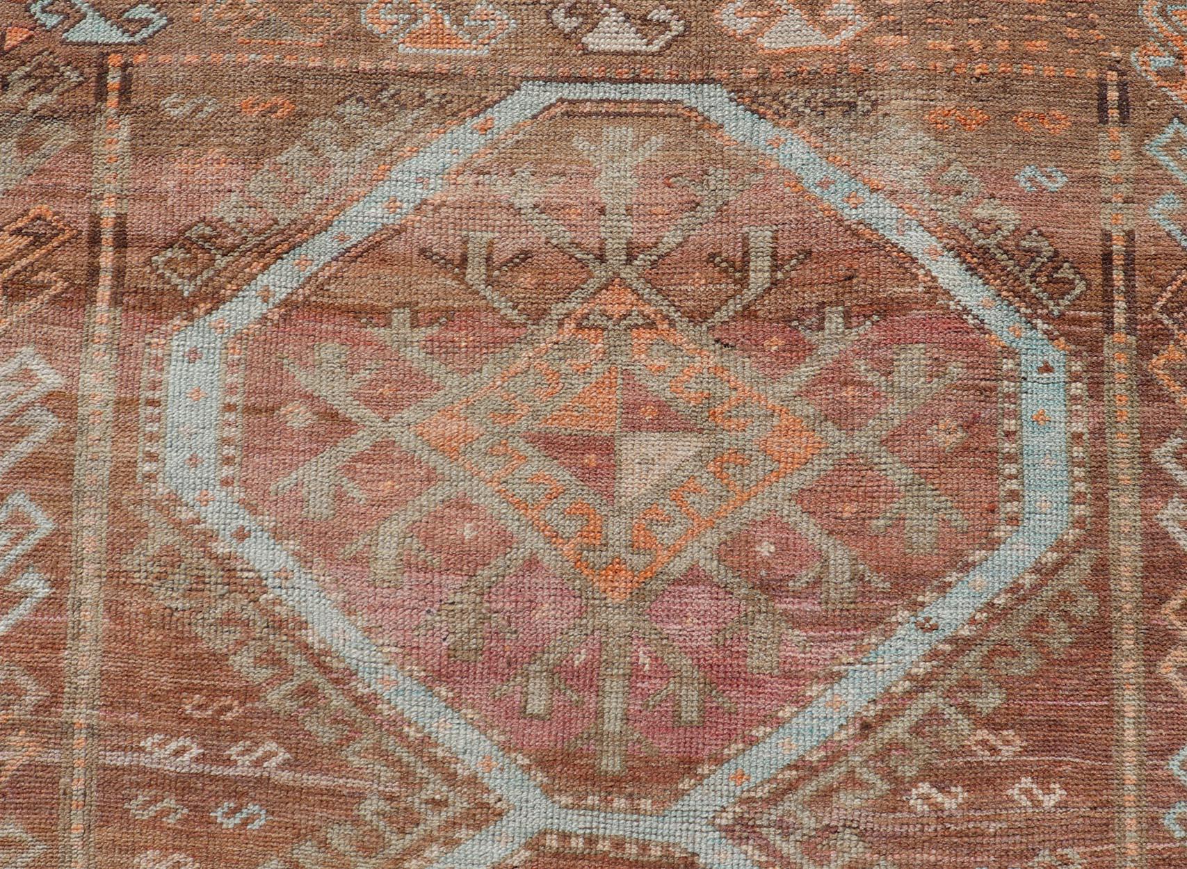 Colorful Turkish Kars Runner in Softer Tones with Tribal and Geometric Motifs For Sale 4