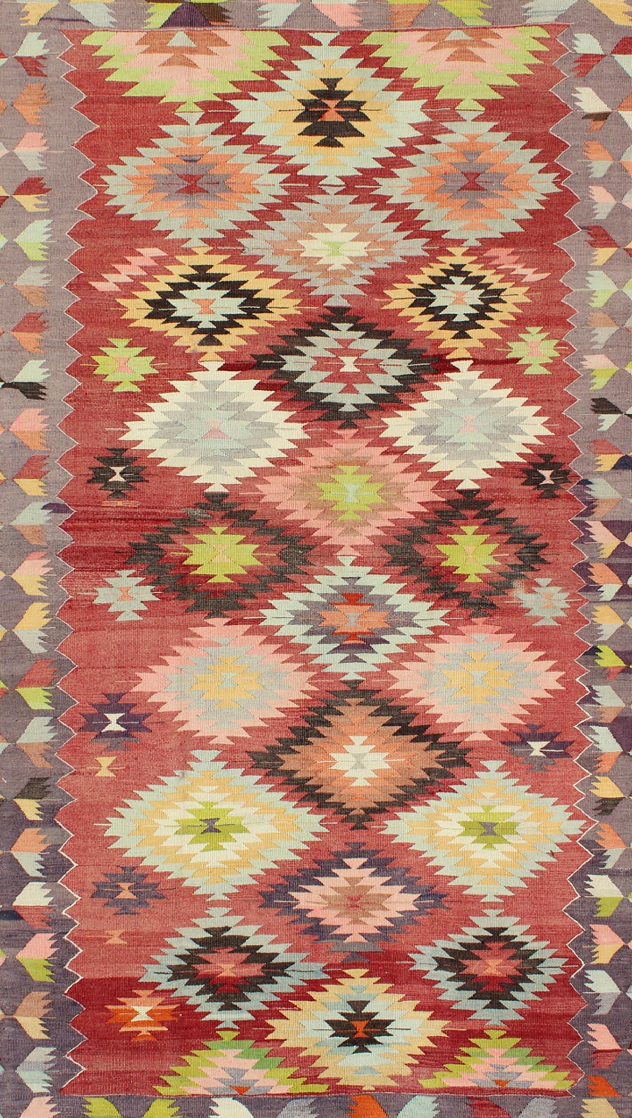 Colorful Turkish Kilim Carpet with Geometric Design In Excellent Condition In Atlanta, GA