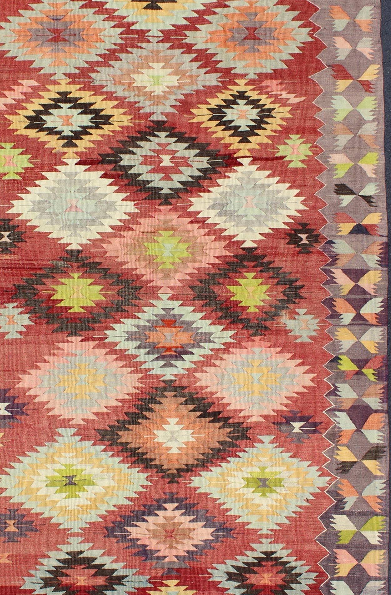 Mid-20th Century Colorful Turkish Kilim Carpet with Geometric Design