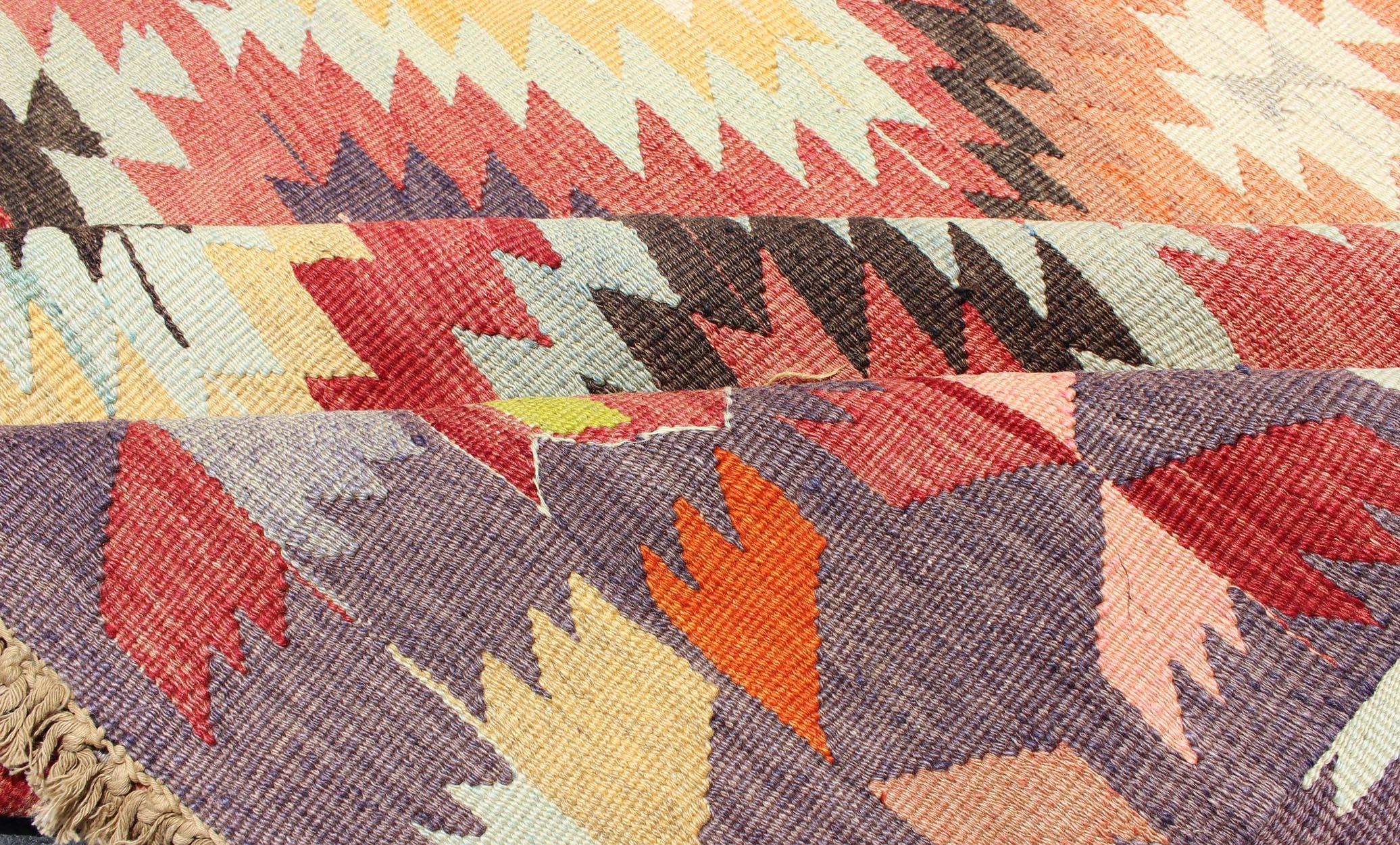 Wool Colorful Turkish Kilim Carpet with Geometric Design