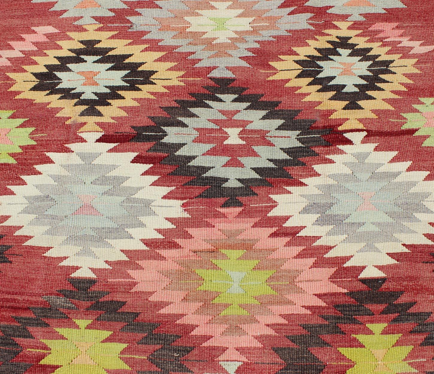 Colorful Turkish Kilim Carpet with Geometric Design 1