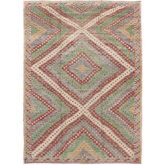 Colorful Turkish Kilim Rug with All-Over Diamond Design in Field and Border