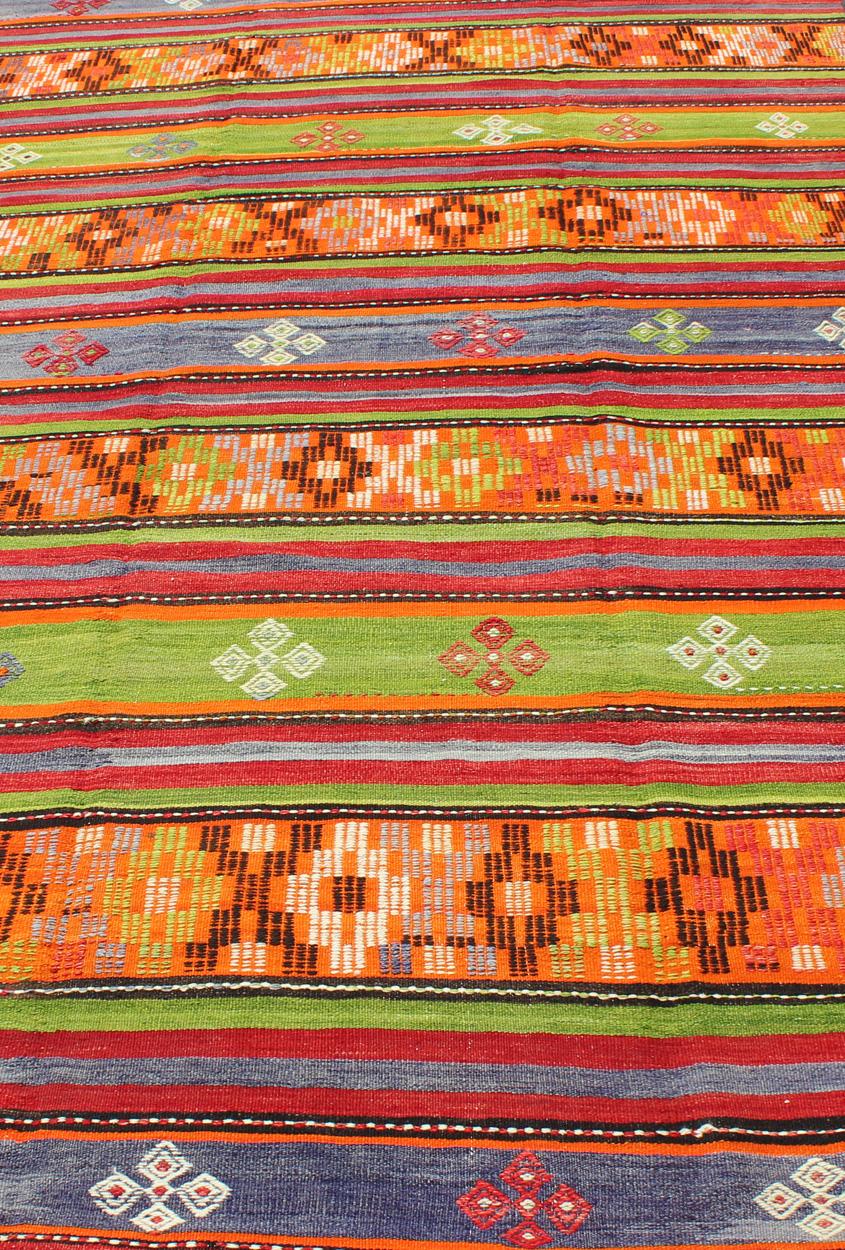 Colorful and Bright Turkish Kilim Rug with Stripe Geometric Design For Sale 3