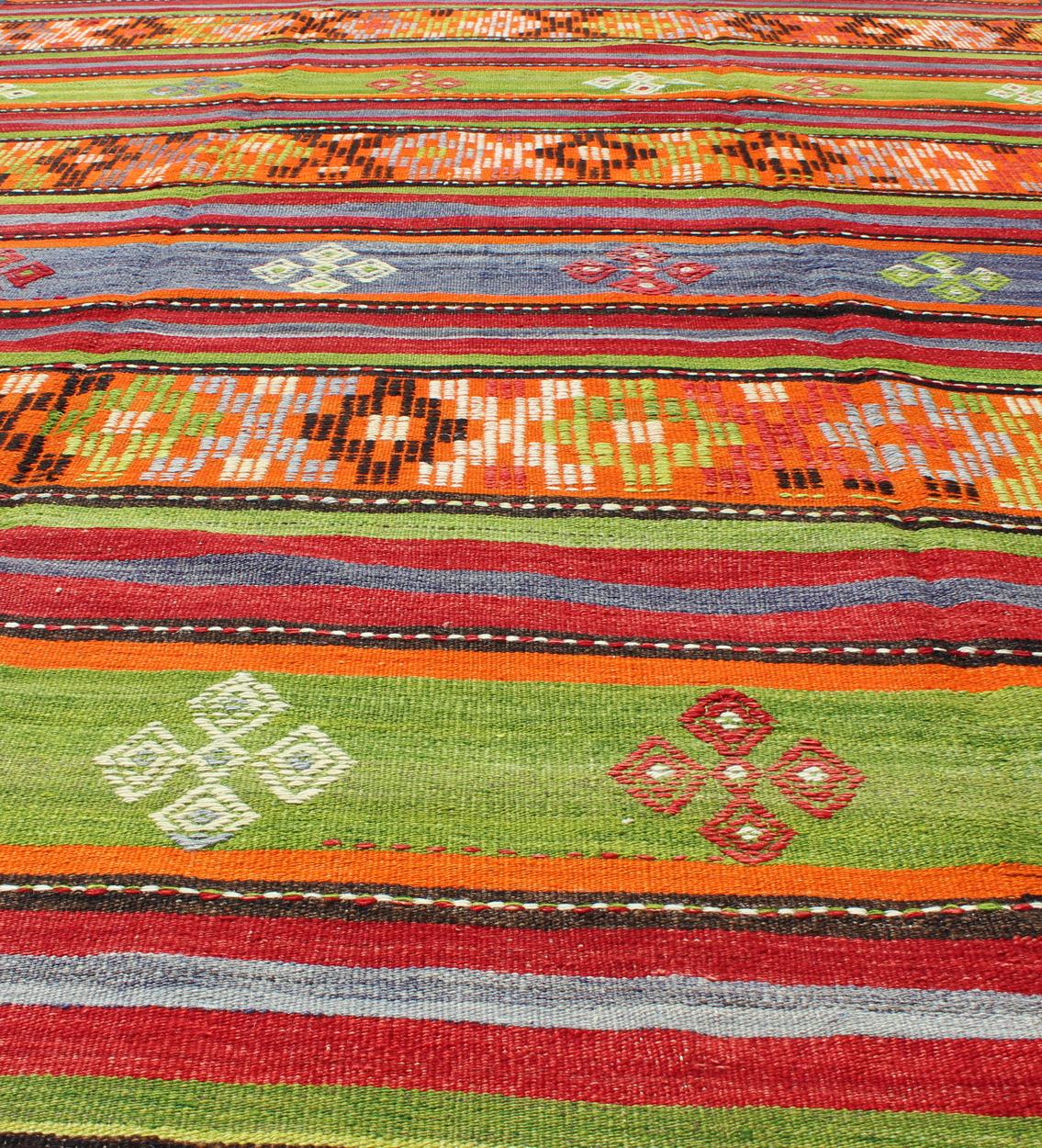 Colorful and Bright Turkish Kilim Rug with Stripe Geometric Design For Sale 4