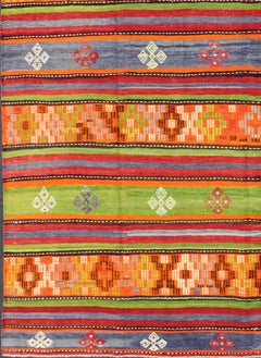 Colorful and Bright Turkish Kilim Rug with Stripe Geometric Design