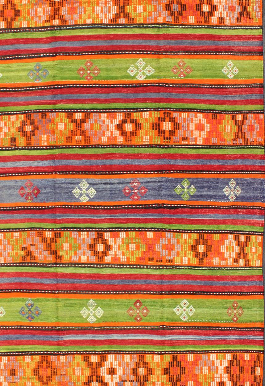 Hand-Knotted Colorful and Bright Turkish Kilim Rug with Stripe Geometric Design For Sale
