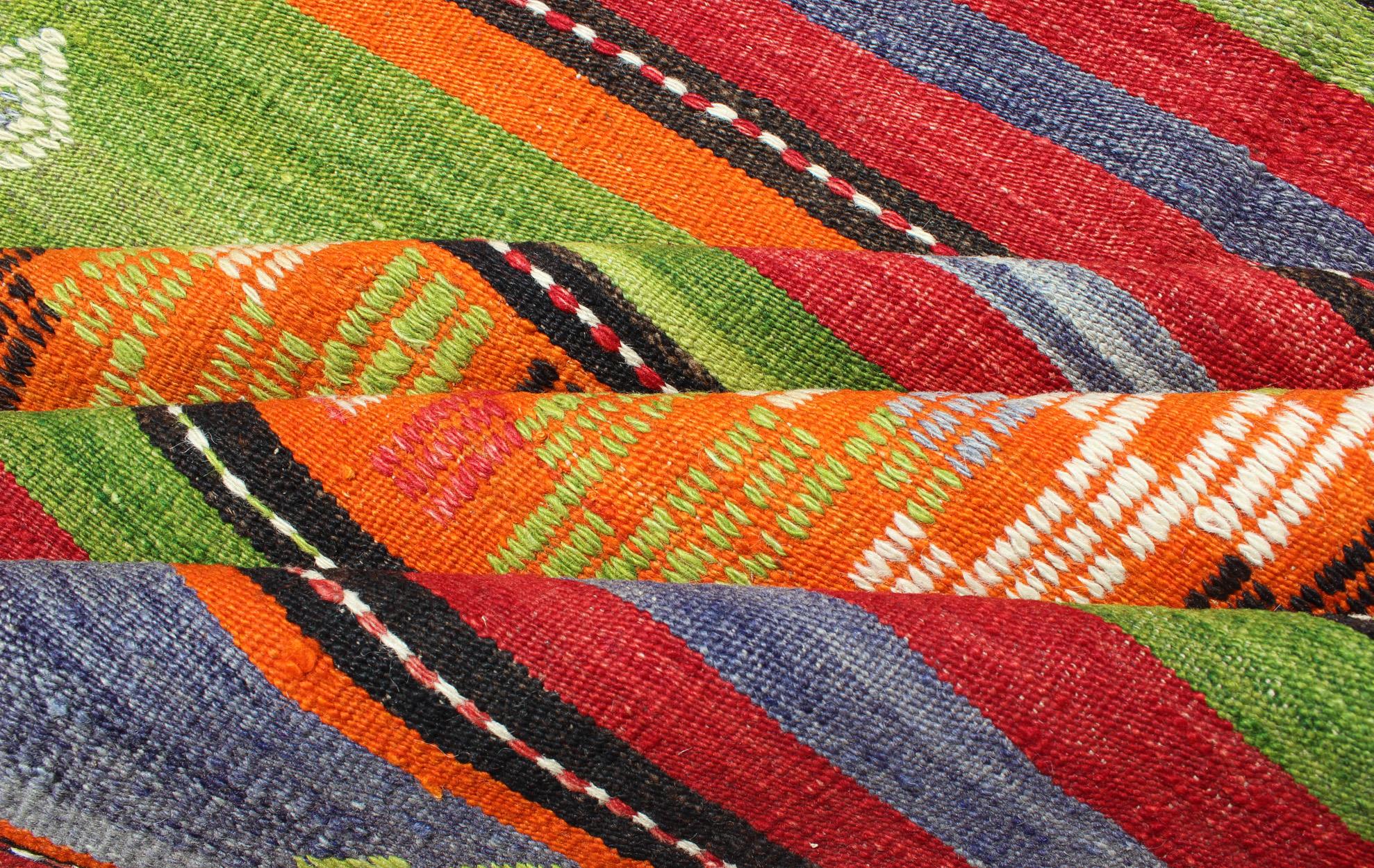  Colorful and Bright Turkish Kilim Rug with Stripe Geometric Design In Excellent Condition For Sale In Atlanta, GA