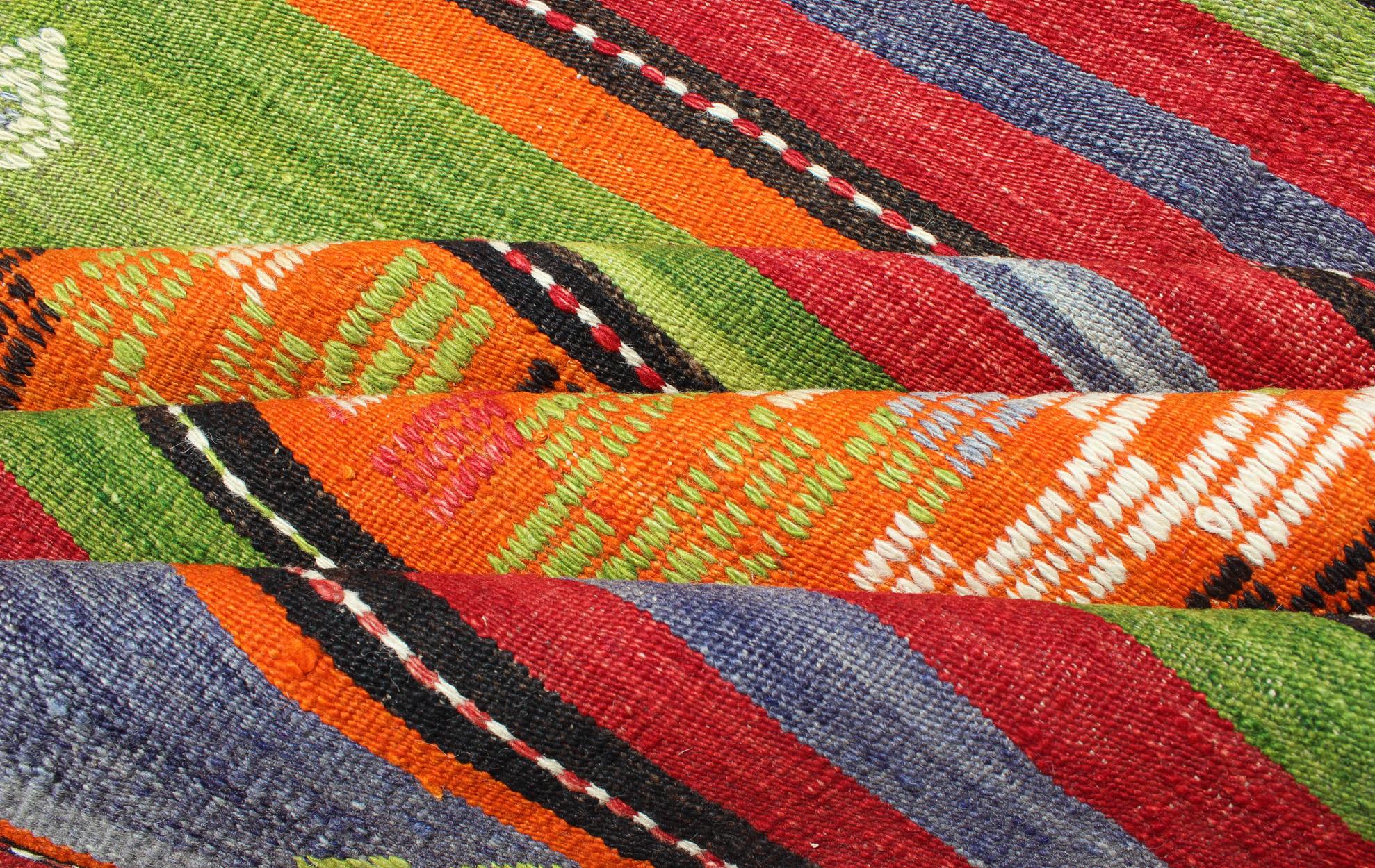 Colorful and Bright Turkish Kilim Rug with Stripe Geometric Design In Excellent Condition For Sale In Atlanta, GA