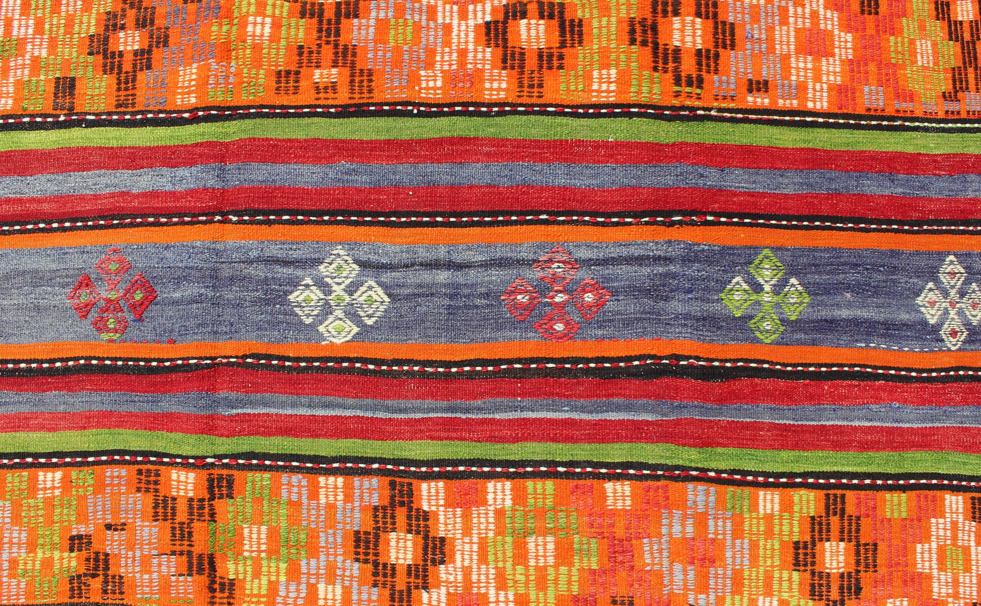 20th Century Colorful and Bright Turkish Kilim Rug with Stripe Geometric Design For Sale