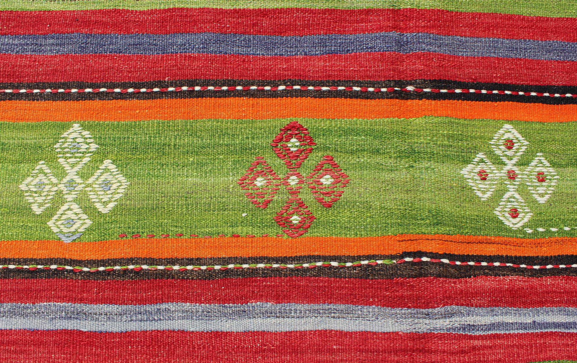 Wool  Colorful and Bright Turkish Kilim Rug with Stripe Geometric Design For Sale
