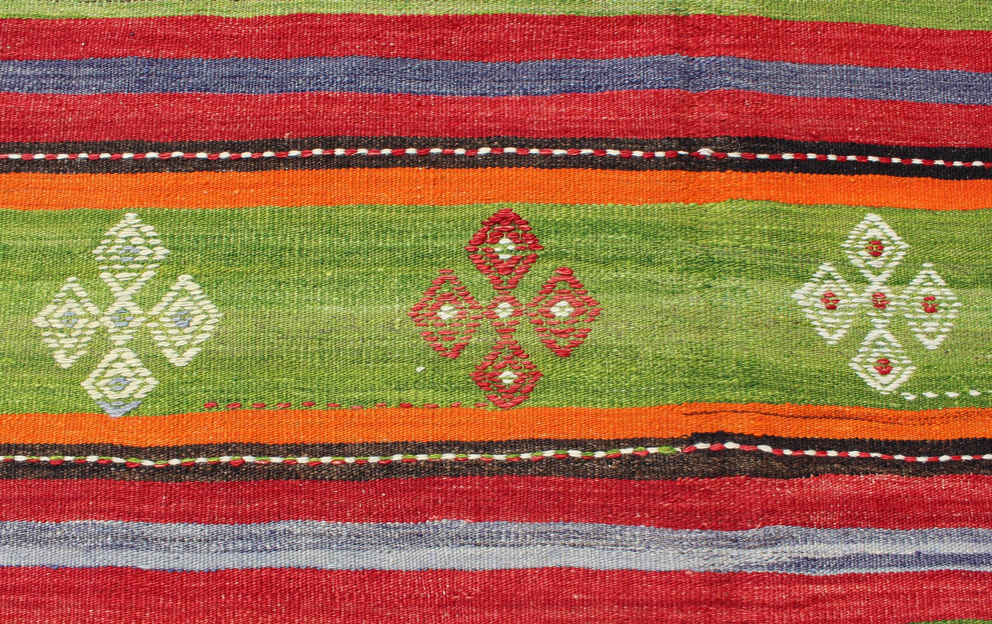 Wool Colorful and Bright Turkish Kilim Rug with Stripe Geometric Design For Sale