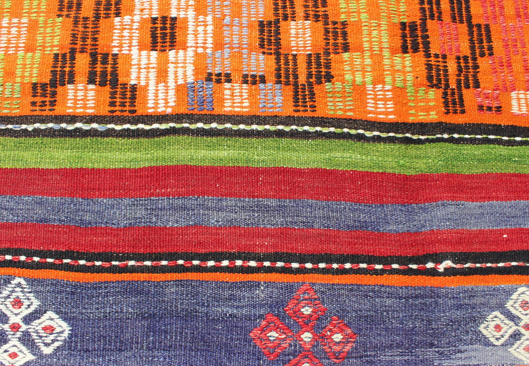 Colorful and Bright Turkish Kilim Rug with Stripe Geometric Design For Sale 1