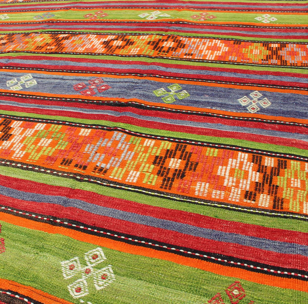 Colorful and Bright Turkish Kilim Rug with Stripe Geometric Design For Sale 2