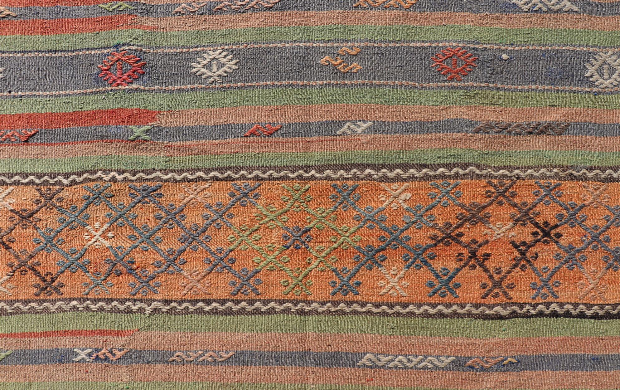 Colorful Turkish Kilim with Stripes and Geometric Elements in Orange and Green For Sale 4