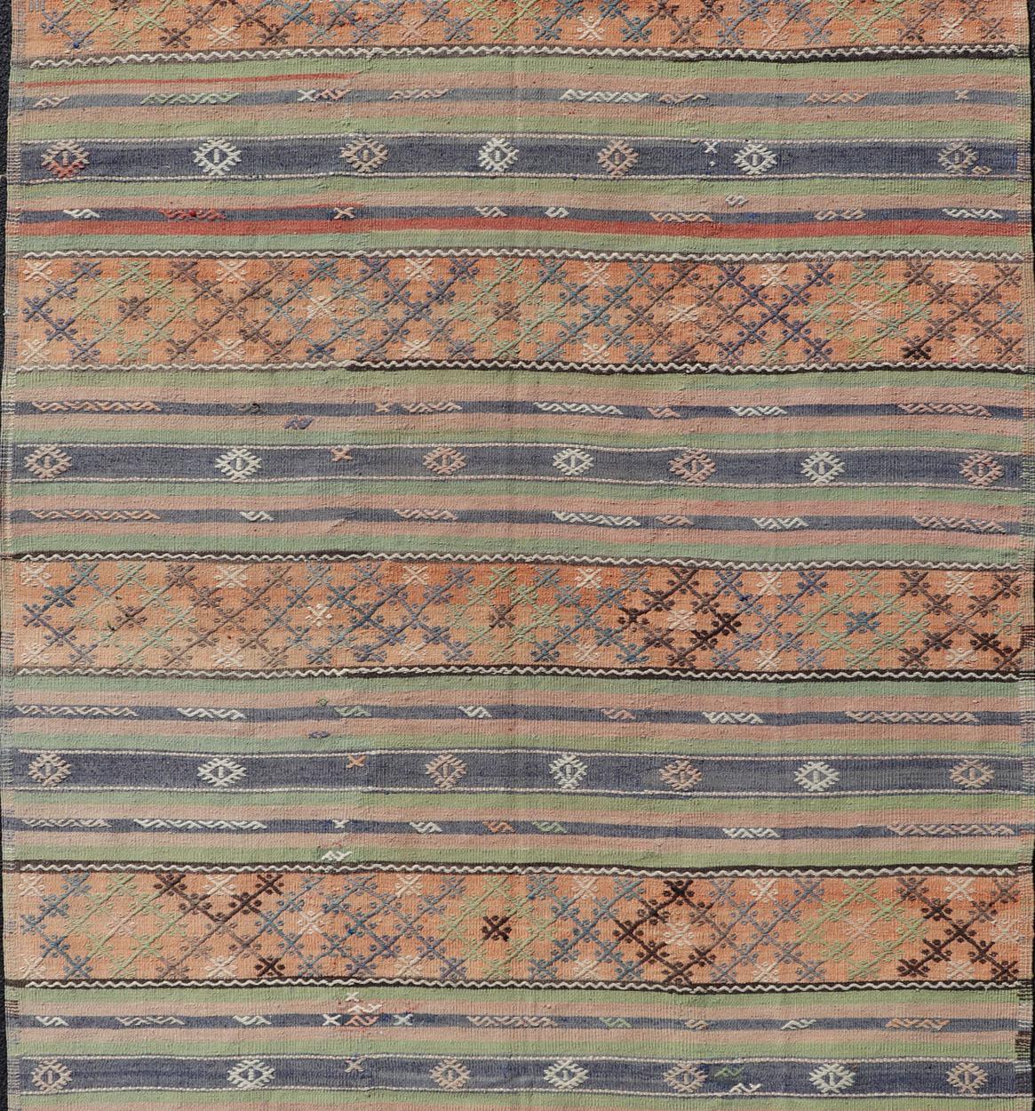 Hand-Knotted Colorful Turkish Kilim with Stripes and Geometric Elements in Orange and Green For Sale