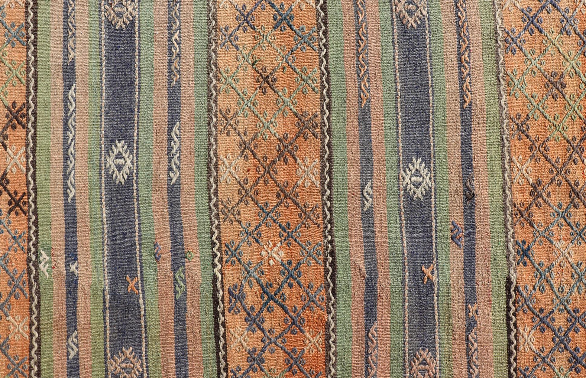20th Century Colorful Turkish Kilim with Stripes and Geometric Elements in Orange and Green For Sale