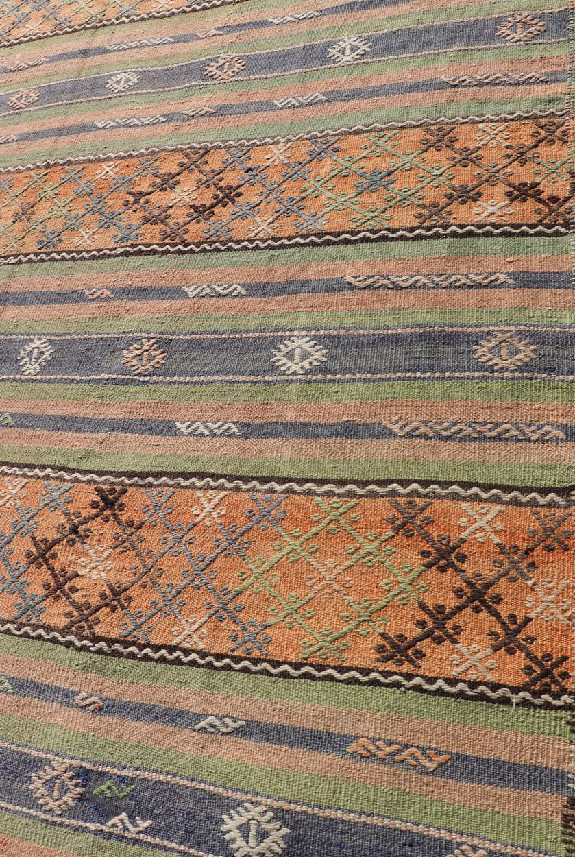 Wool Colorful Turkish Kilim with Stripes and Geometric Elements in Orange and Green For Sale