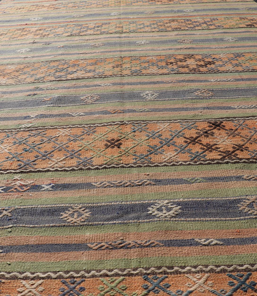 Colorful Turkish Kilim with Stripes and Geometric Elements in Orange and Green For Sale 2