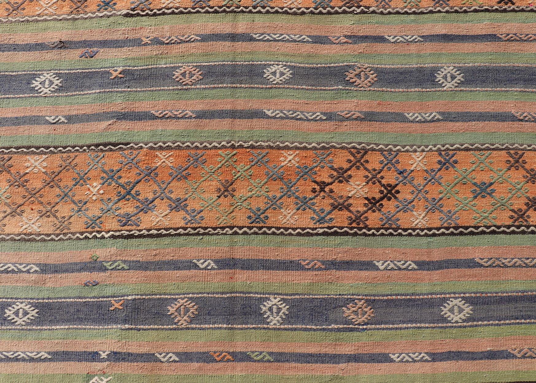 Colorful Turkish Kilim with Stripes and Geometric Elements in Orange and Green For Sale 3