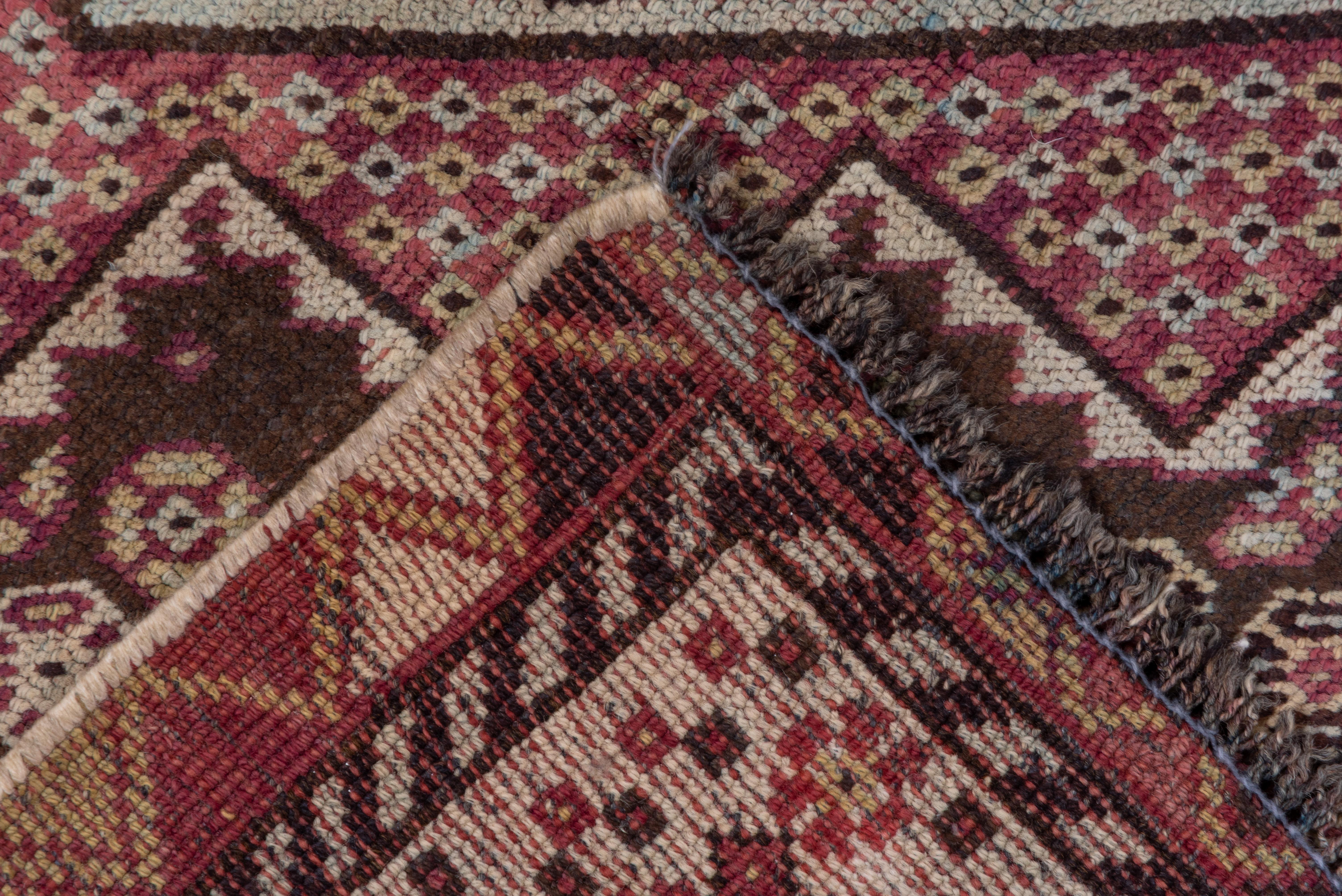 Tre grandi diamanti dal bordo seghettato e ampiamente scalinato mostrano tutti forme di arbusti ramificati sul campo fortemente abraso di colore marrone-grigio chiaro che è pieno di rosette che formano diagonali di colore. Bordo principale con