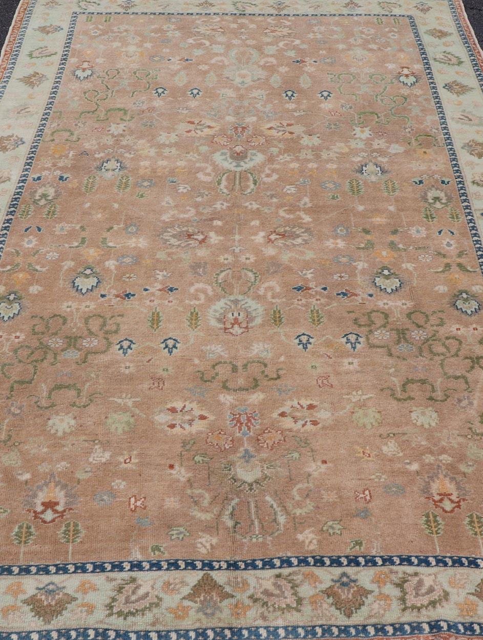Colorful Turkish Oushak Rug in Salmon Background with All-Over Floral Design For Sale 6