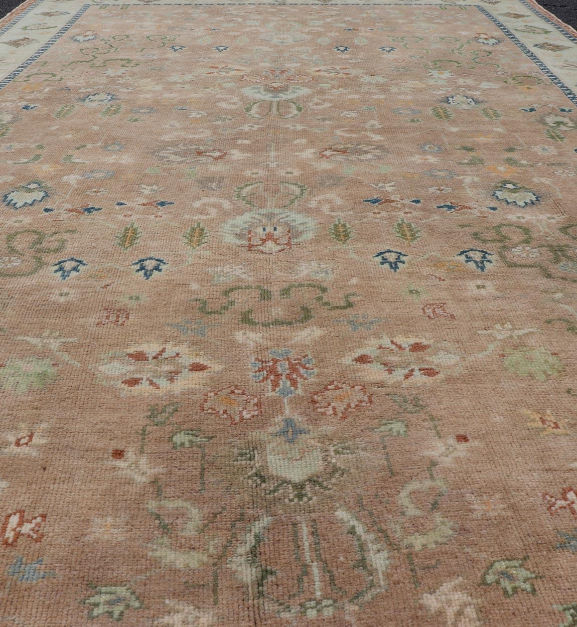 Colorful Turkish Oushak Rug in Salmon Background with All-Over Floral Design For Sale 7
