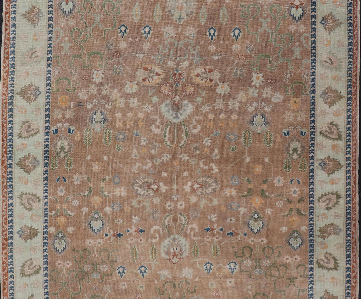 Colorful Turkish Oushak Rug in Salmon Background with All-Over Floral Design For Sale 2