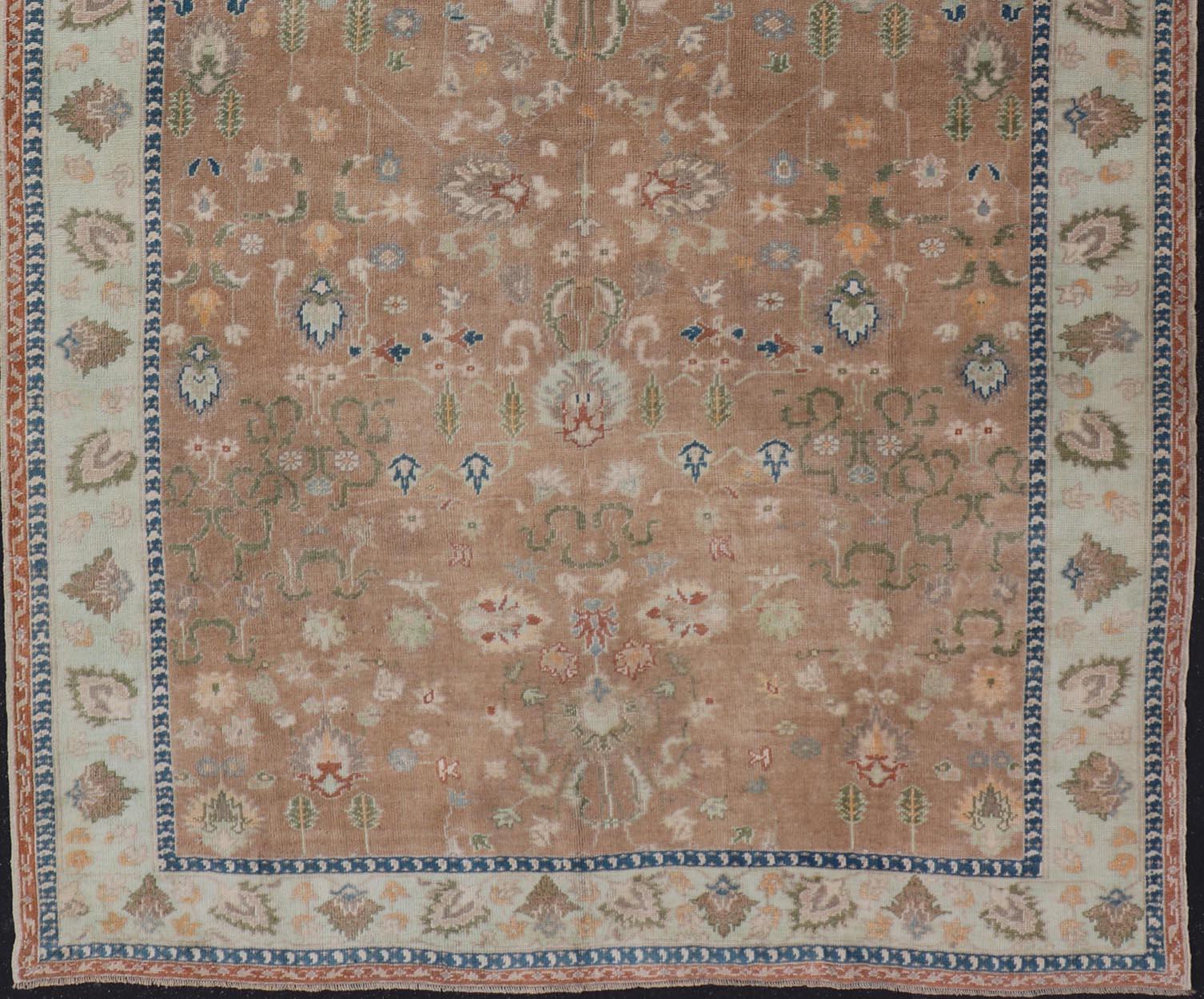 Colorful Turkish Oushak Rug in Salmon Background with All-Over Floral Design For Sale 3
