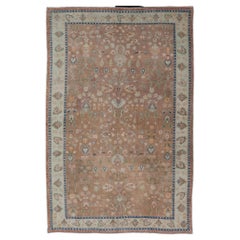 Vintage Colorful Turkish Oushak Rug in Salmon Background with All-Over Floral Design