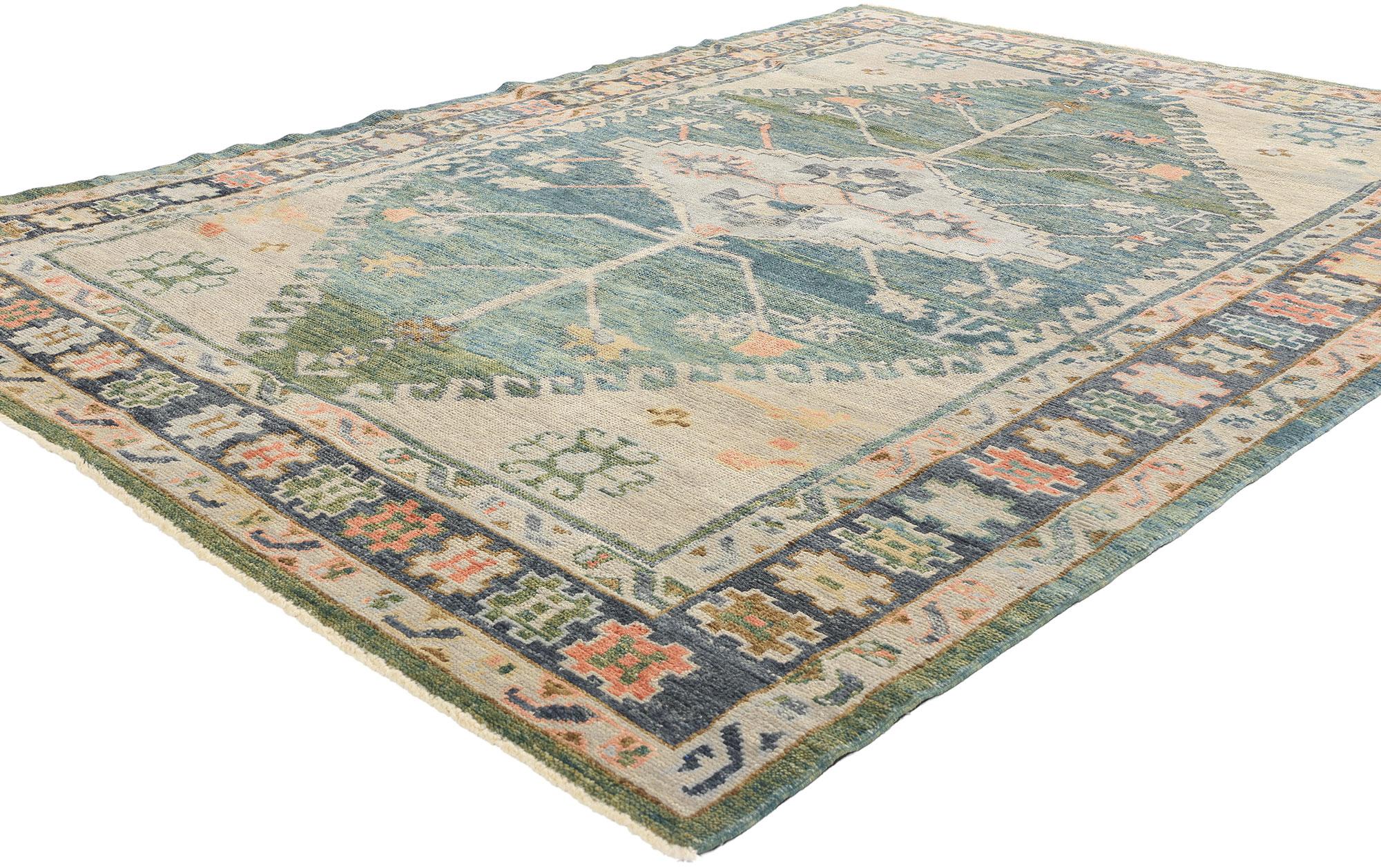 53604 New Colorful Oushak Turkish Rug, 06'07 x 08'10. Rooted in ancient lore yet blooming with contemporary charm, this hand-knotted wool Turkish Oushak rug tells a tale of tribal mysticism woven into color and form. At its heart lies a stepped