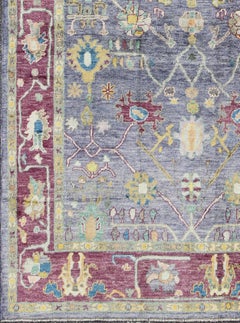 Colorful Turkish Oushak Rug with All-Over Flower Design in Ink Blue & Maroon