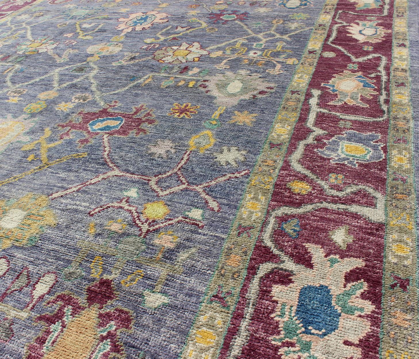 Contemporary Colorful Turkish Oushak Rug with All-Over Flower Design in Ink Blue & Maroon